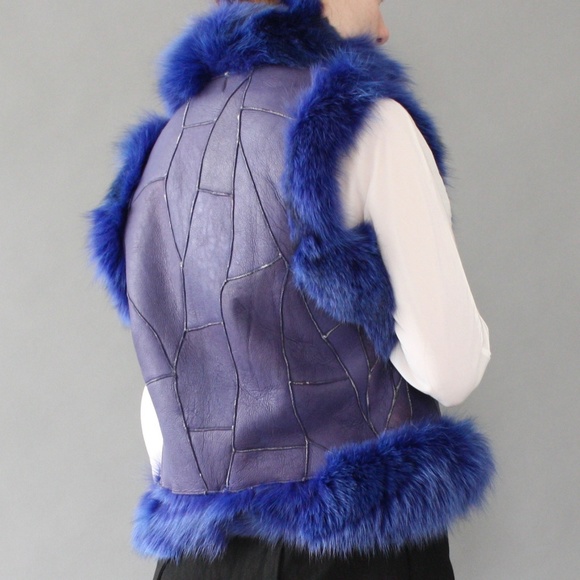 Vtg blue leather shearling patchwork fur vest - Picture 3 of 8